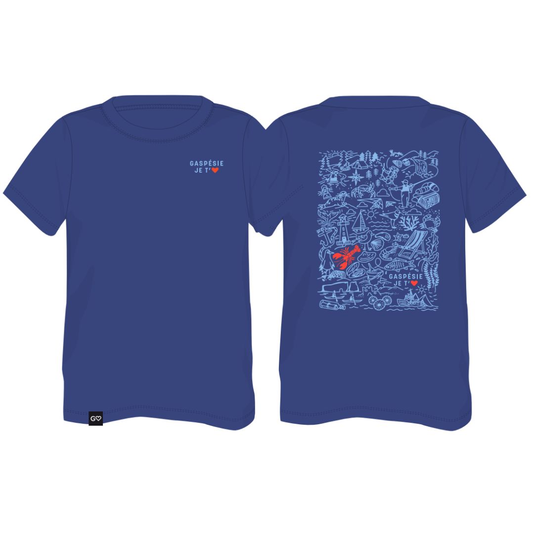 Le T-SHIRT GASPÉSIE JE T'AIME LOGO DOODLES JUNIOR est bleu, avec un petit "Gaspésie Je t'aime" et un cœur rouge sur le devant, et un grand gribouillis bleu clair d'icônes de la Gaspésie plus un sous-marin rouge sur le dos. Vue de face et de dos.