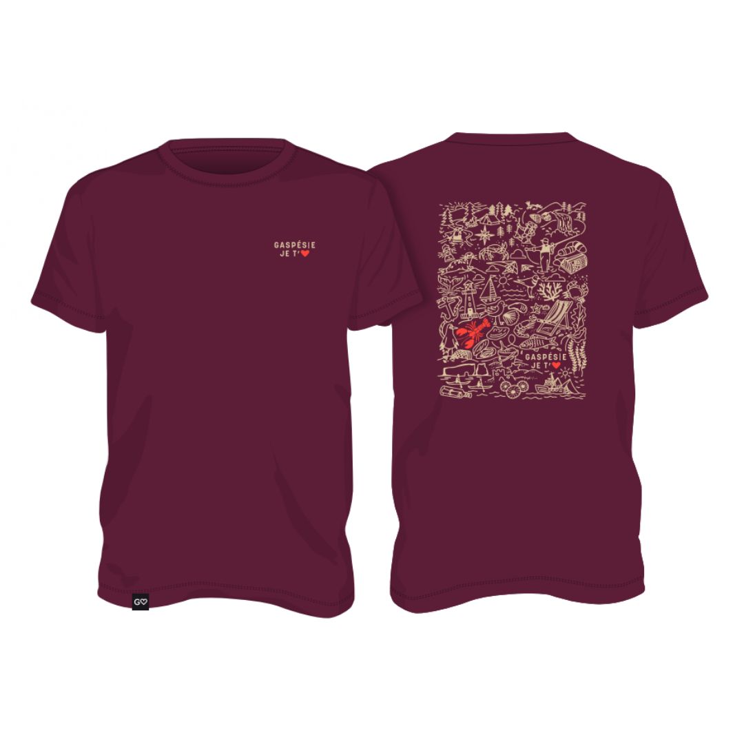 Le T-SHIRT GASPÉSIE JE T'AIME LOGO DOODLES UNISEXE est un tee-shirt marron avec le texte "Gaspésie Je t'aime" sur le devant de la poitrine gauche et un grand dessin de gribouillis beige sur le thème du voyage avec un avion rouge au dos.