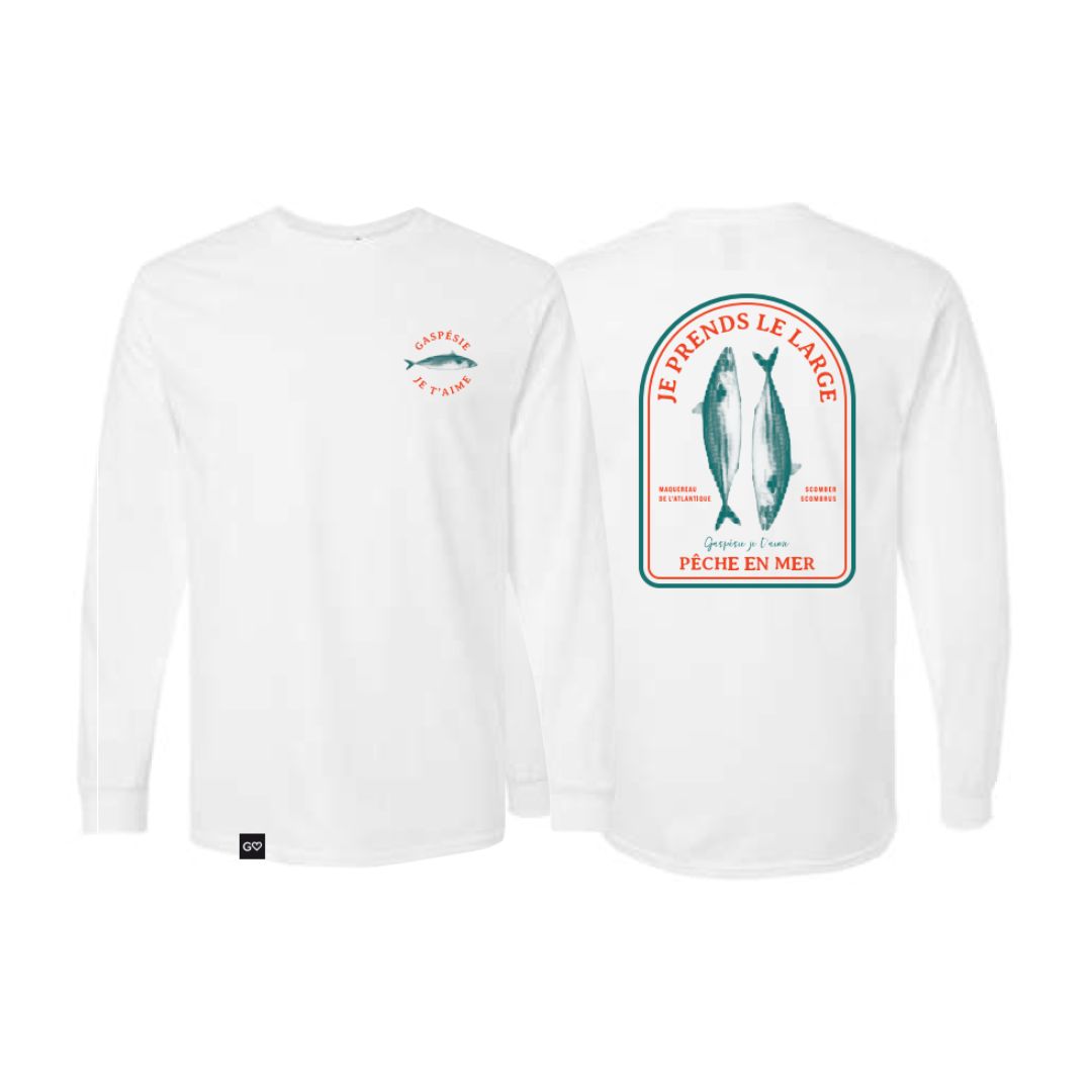 Le T-SHIRT À MANCHE LONGUE GASPÉSIE JE T'AIME LOGO JE PRENDS LE LARGE ADULTE UNISEXE est une chemise blanche à manches longues avec un petit logo "Larguez les turbos" sur la poitrine et un grand poisson avec un texte en français dans le dos.