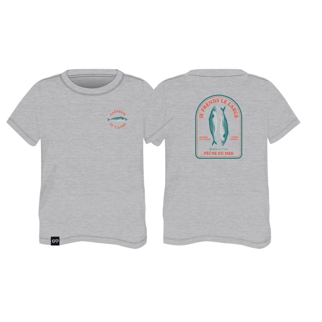 Vue avant et arrière du TEE BB JE PRENDS LE LARGE : un T-shirt pour enfants gris clair avec un petit poisson et du texte sur le devant, ainsi qu'un poisson plus grand et du texte français en rouge et sarcelle sur le dos.