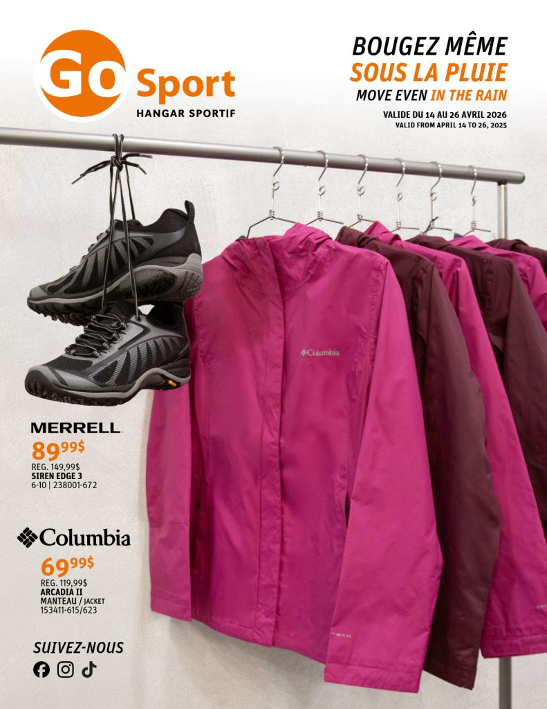 Un porte-vêtements présente plusieurs vestes de pluie Columbia roses. Une paire de chaussures de sport Merrell noires est suspendue au présentoir. Un texte en français et en anglais annonce des ventes de vêtements de pluie chez GO Sport du 14 au 16 avril 2023.