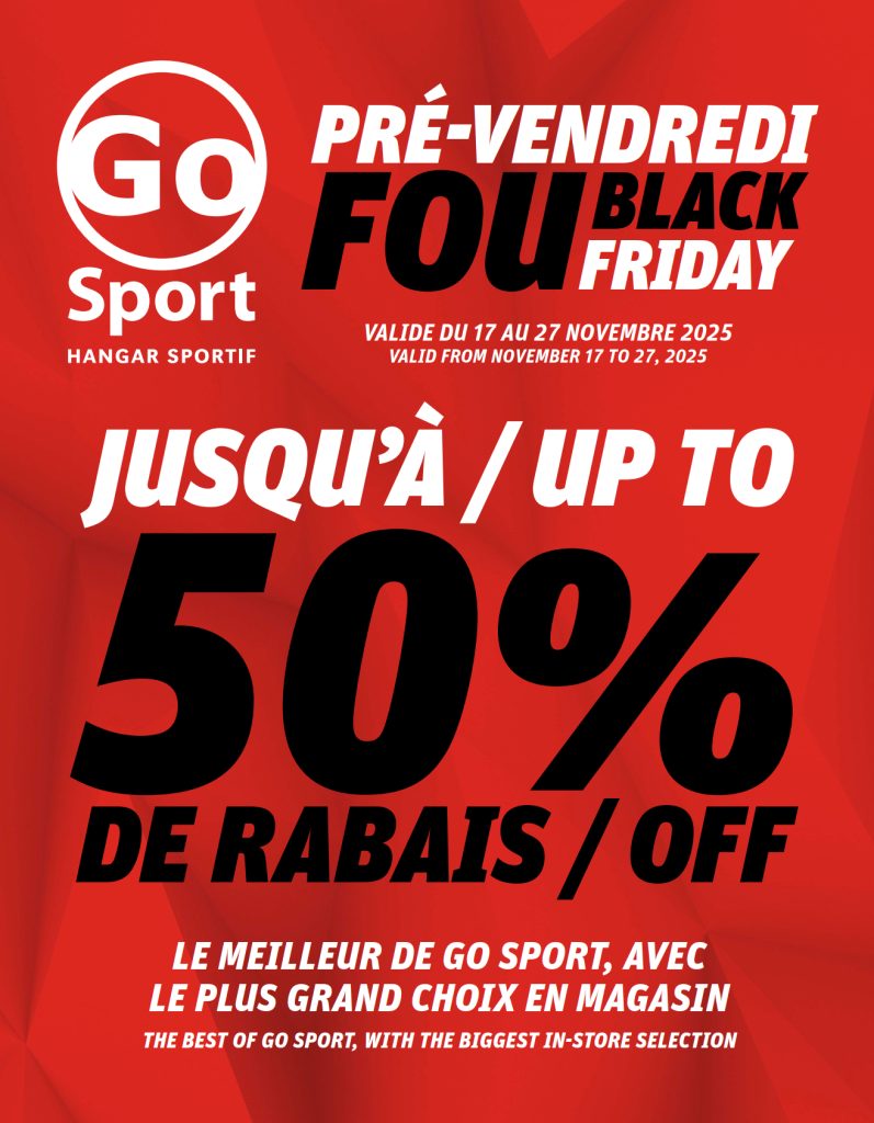 Affiche promotionnelle rouge pour les soldes du vendredi noir de Go Sport. Le texte en grand format indique "Jusqu'à 50 % de réduction" en français et en anglais, les dates des soldes du 17 au 27 novembre 2025 et la marque en haut à gauche.