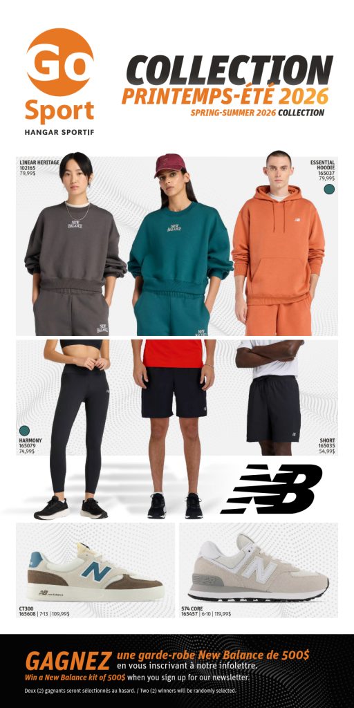 Affiche promotionnelle pour la collection New Balance printemps-été 2026 chez GO Sport, présentant trois modèles en sweatshirts et joggers décontractés, et deux styles de baskets ci-dessous. Les détails du concours sont affichés en bas.