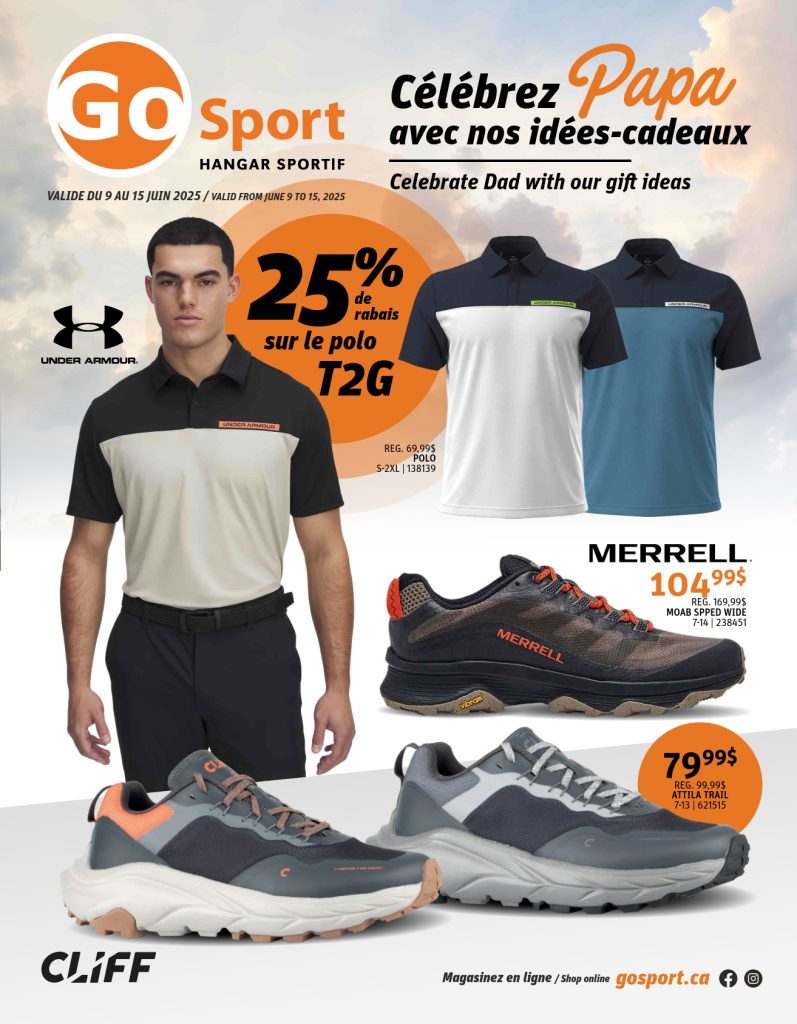 Dépliant présentant trois polos pour homme et deux paires de chaussures de sport Merrell avec leurs prix. Le texte met en avant une réduction de 25 % sur un polo et propose des idées cadeaux pour la fête des Pères chez GO Sport du 9 au 15 juin 2025.