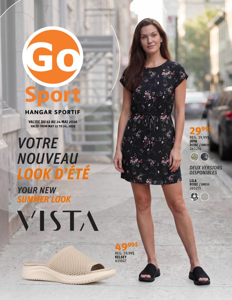 Une femme vêtue d'une robe noire à fleurs et de sandales noires se tient sur un trottoir de la ville. Le texte promotionnel annonce la mode estivale de GO Sport, y compris les prix des sandales. L'annonce comporte un texte bilingue français-anglais.