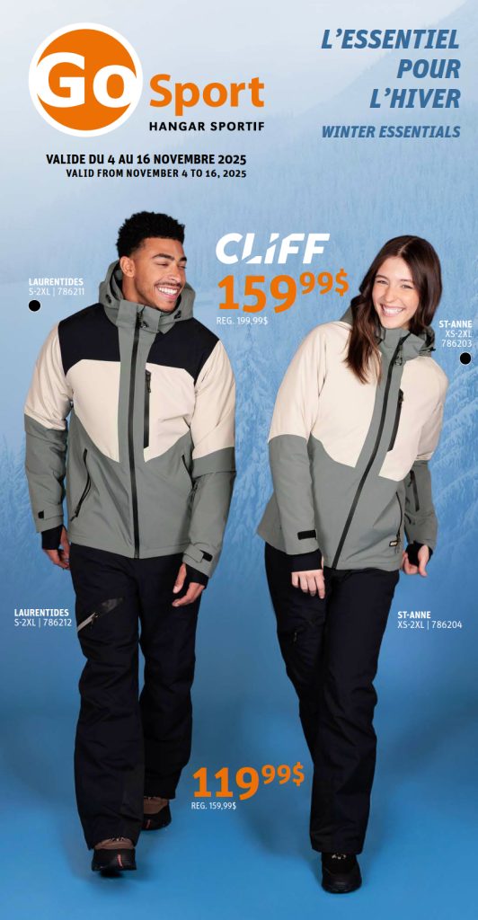 Deux personnes vêtues de vestes d'hiver et de pantalons de neige sourient sur fond de montagne enneigée. Le texte met en avant les essentiels de l'hiver, les réductions et les dates de soldes pour GO Sport Hangar Sportif du 4 au 16 novembre 2025.