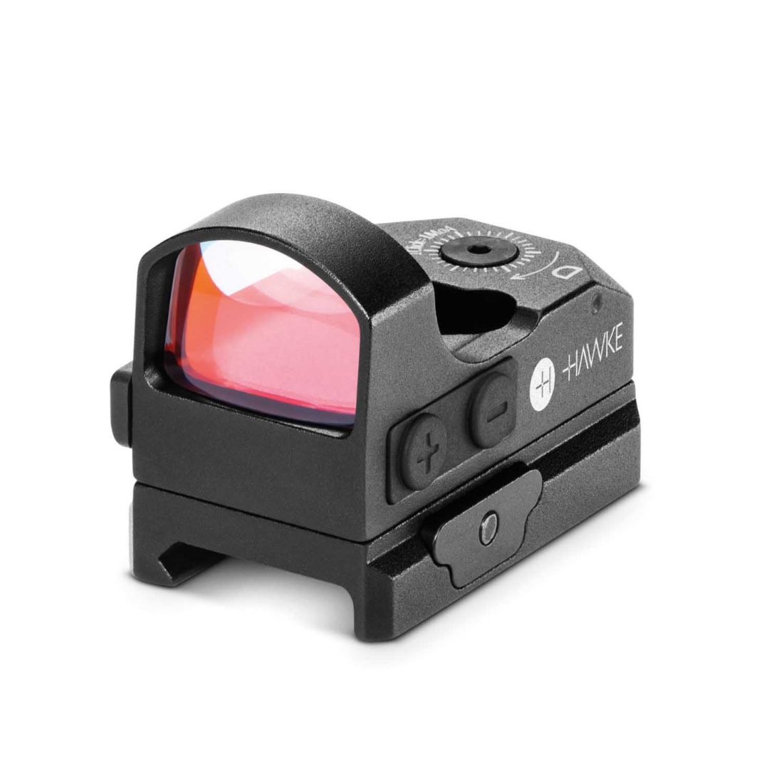 Viseur réflexe Hawke compact à point rouge noir avec boutons de réglage et lentille teintée, conçu pour être monté sur des armes à feu ou des pistolets à air comprimé.