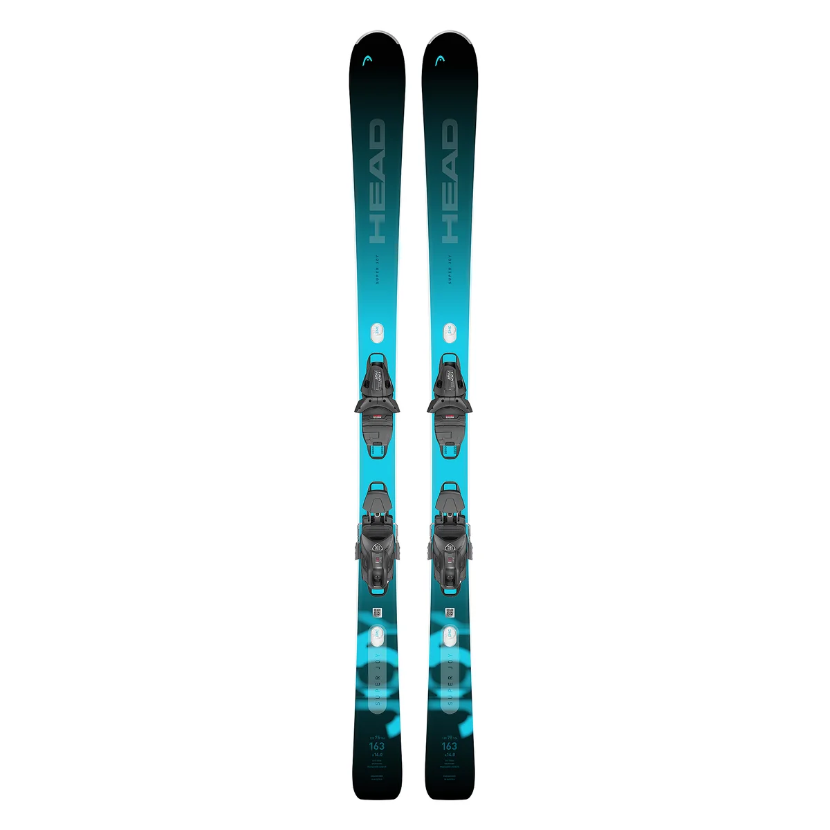 Paire de skis bleus et noirs de la marque Head avec fixations intégrées. Les skis présentent un design dégradé, passant du noir aux extrémités au bleu vers le centre, avec le mot « Head » bien visible sur le dessus de chaque ski.