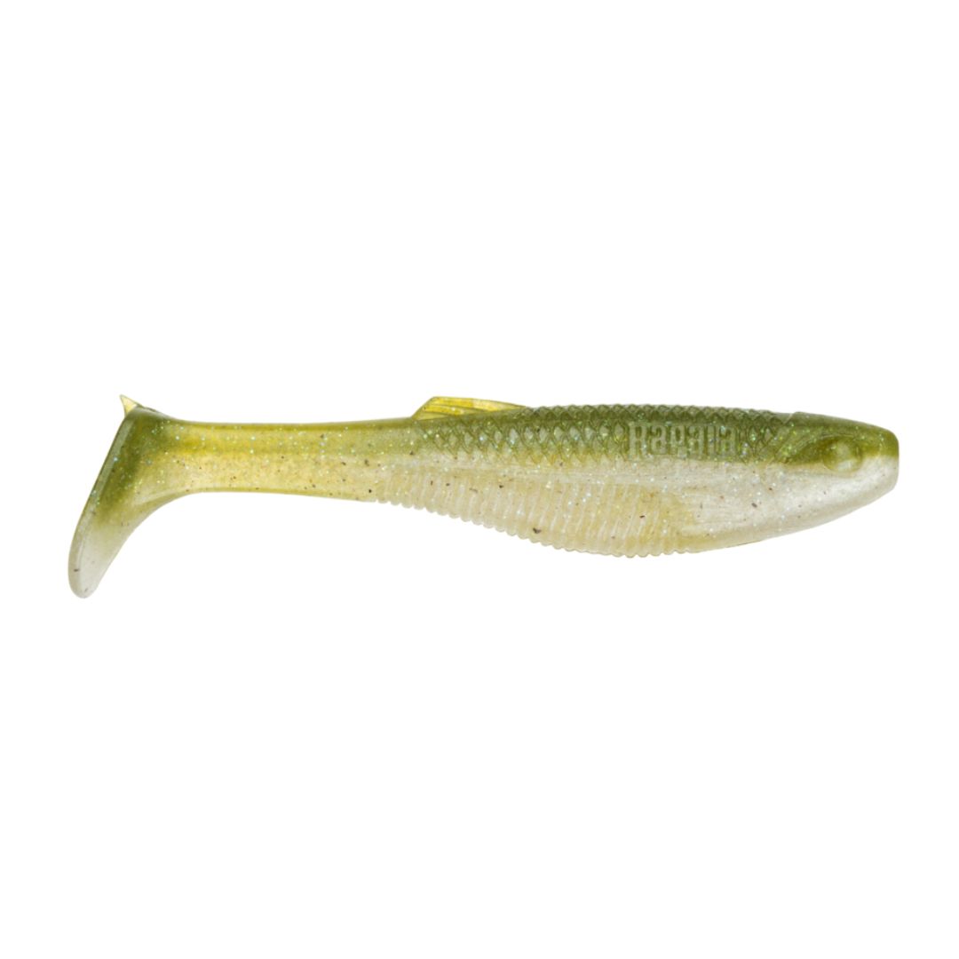 Leurre de pêche en plastique souple ayant la forme d'un petit poisson, avec un dos vert olive, des flancs jaunâtres et un ventre blanc. Le leurre a une queue en forme de pagaie et des détails texturés pour imiter les écailles et les nageoires.