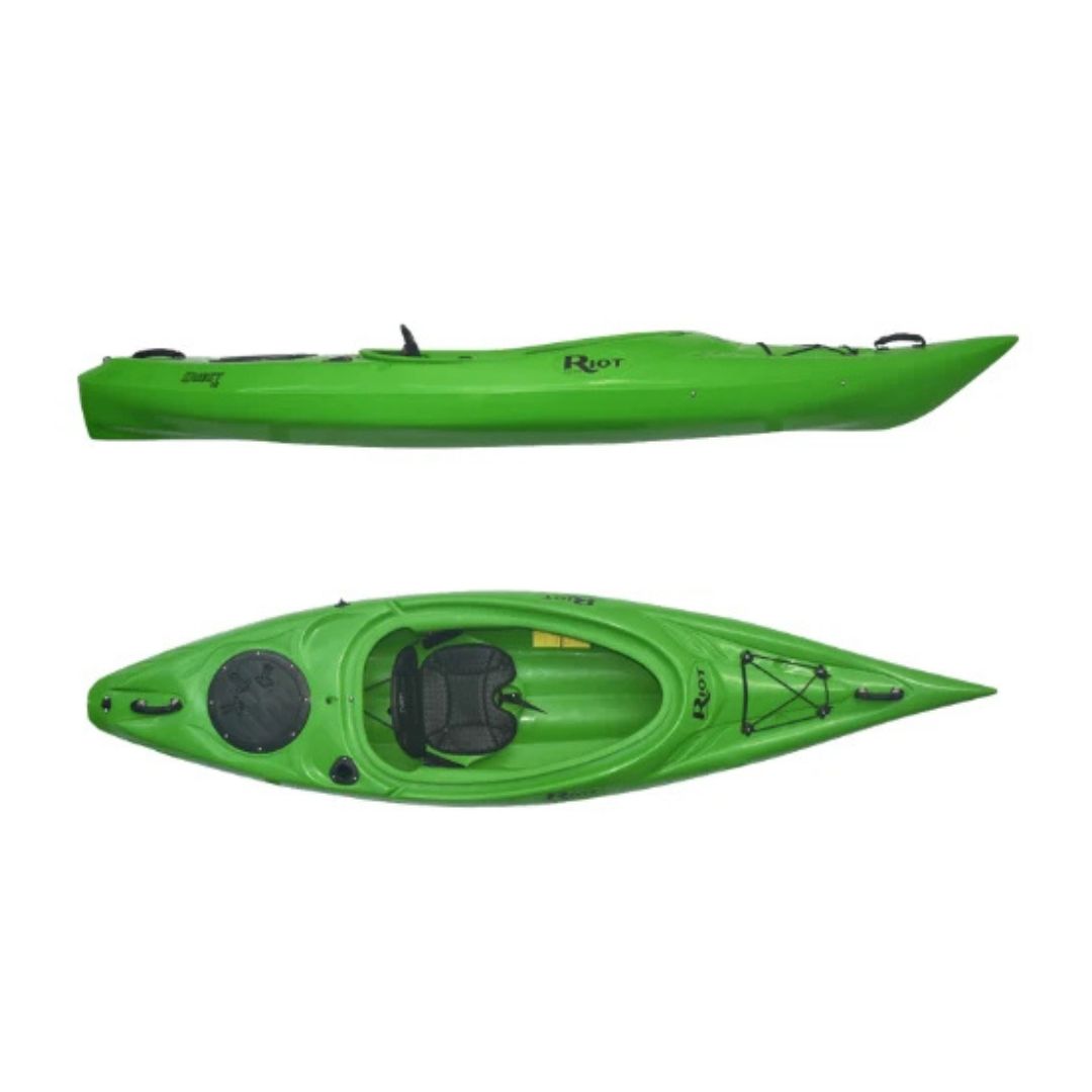 Le kayak QUEST 10 HV vu de profil et de dessus, doté d'un siège noir, d'un coffre de rangement et de poignées aux deux extrémités.