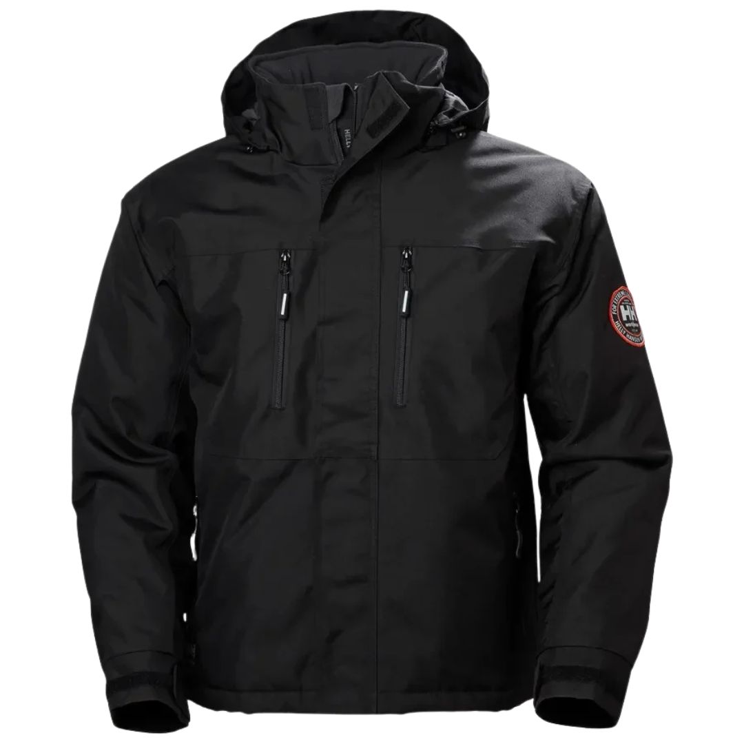 MANTEAU DE TRAVAIL HELLY HANSEN WORKWEAR BERG POUR HOMME : veste de travail noire à capuche, dotée de deux poches poitrine à fermeture éclair et d'un écusson rond représentant le logo sur la manche gauche.
