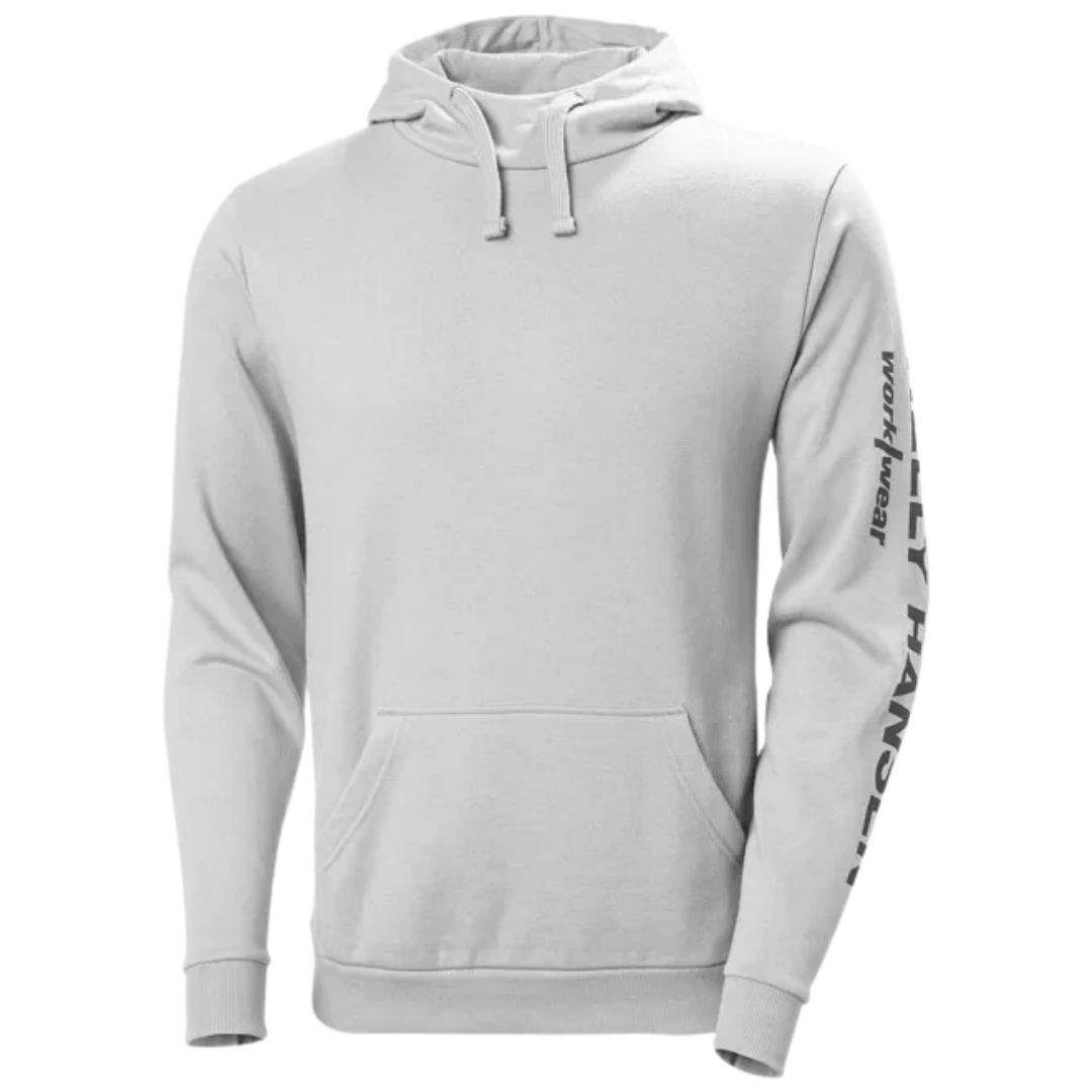 Sweat à capuche CLASSIC LOGO 2.0 gris clair, doté d'une poche kangourou et d'un texte imprimé verticalement sur la manche gauche.