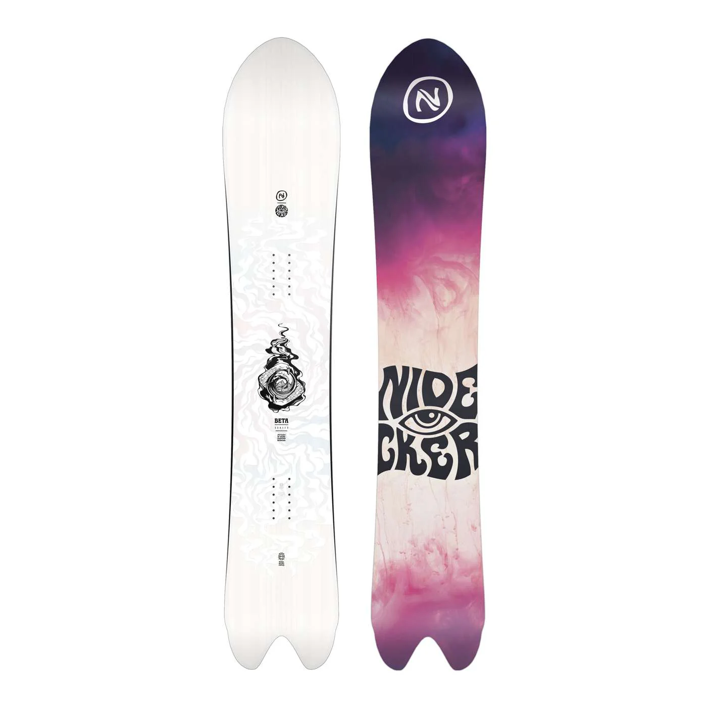 Deux snowboards PLANCHE À NEIGE NIDECKER BETA : à gauche, blanc avec un œil noir et un graphisme de fumée ; à droite, dégradé rose/violet avec un lettrage "NIDECKER" en gras et un logo circulaire en haut.