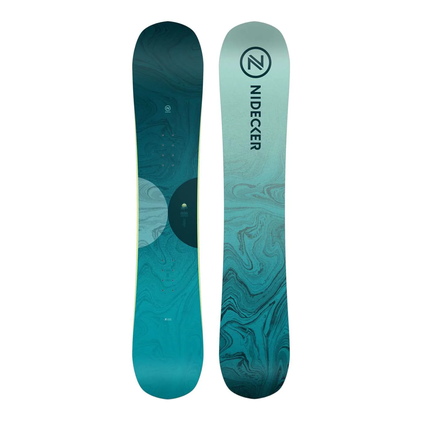 Deux snowboards ELLE de couleur sarcelle avec un motif marbré et un dessin circulaire abstrait - l'un montre le dessus avec le logo "Nidecker", l'autre la base ; les deux ont des pointes et des queues arrondies.