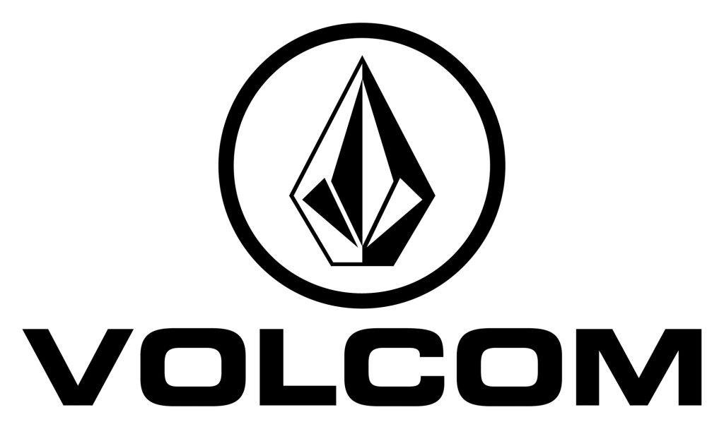 Le logo Volcom, qui représente un losange géométrique noir et blanc à l'intérieur d'un cercle, avec le mot "VOLCOM" écrit en lettres majuscules en dessous.