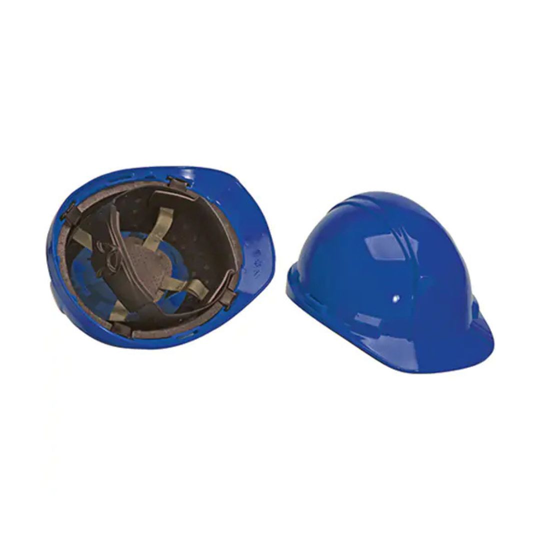 Deux casques de chantier bleus, l'un montré de l'extérieur et l'autre retourné pour montrer le système de suspension intérieur, tous deux sur fond blanc.
