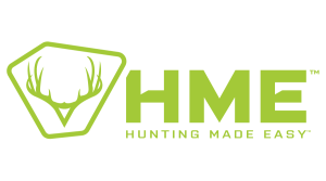 Logo HME avec un contour vert d'une tête de cerf à l'intérieur d'un pentagone, à côté du texte vert en gras "HME" et du texte plus petit "HUNTING MADE EASY" en dessous.