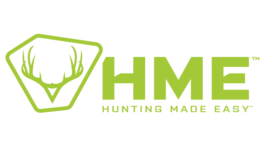 Logo HME avec un contour vert d'une tête de cerf à l'intérieur d'un pentagone, à côté du texte vert en gras "HME" et du texte plus petit "HUNTING MADE EASY" en dessous.