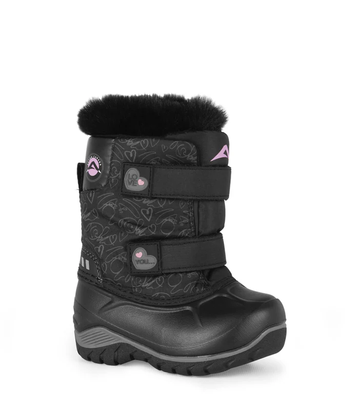 Botte d'hiver noire pour enfants avec une semelle épaisse, des motifs décoratifs, deux bandes velcro, un revers noir duveteux et un petit logo rose.