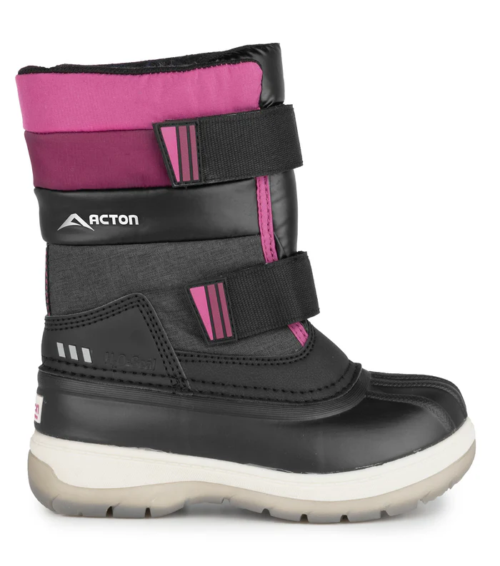 Une botte d'hiver pour enfants aux couleurs noir, rose et violet, avec deux bandes velcro, une semelle en caoutchouc et le logo Acton sur le côté.