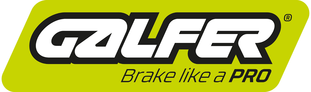 Logo Galfer avec un texte en noir et blanc en caractères gras sur fond vert, et le slogan « Brake like a PRO » inscrit en dessous en lettres noires et vertes.
