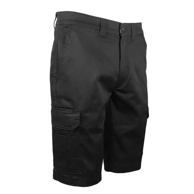 BERMUDA TRAVAIL CARGO EXTENSIBLE - Short cargo noir avec poches latérales et frontales, passants de ceinture et fermeture à bouton, sur fond blanc.