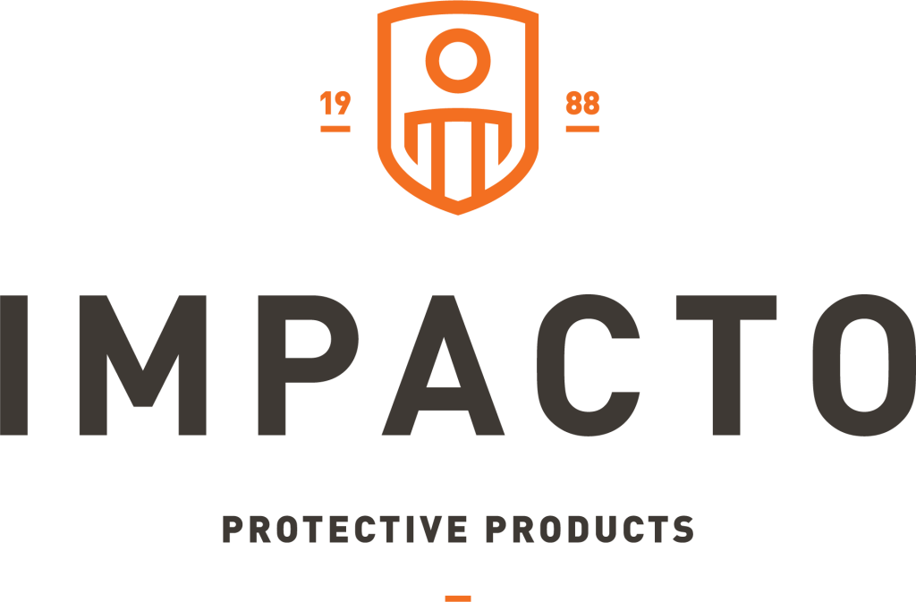 Logo d'Impacto Protective Products, comportant un bouclier stylisé orange et noir avec une figure à l'intérieur, les chiffres 19 et 88 de chaque côté et le nom de l'entreprise en lettres grasses ci-dessous.