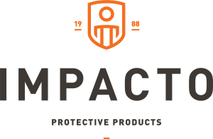 Logo d'Impacto Protective Products, comportant un bouclier stylisé orange et noir avec une figure à l'intérieur, les chiffres 19 et 88 de chaque côté et le nom de l'entreprise en lettres grasses ci-dessous.