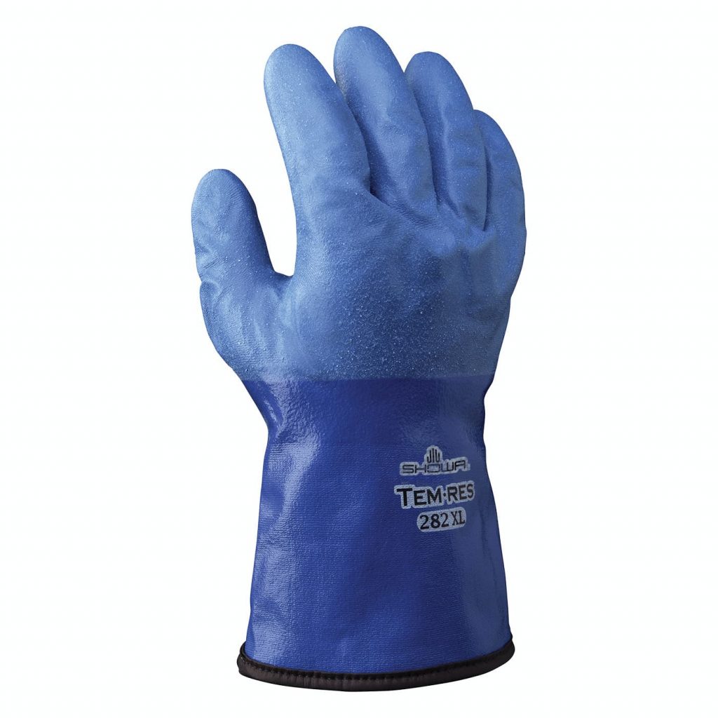 Un gant de protection bleu avec une surface texturée, étiqueté « Showa Temres 282 XL », présenté debout sur un fond blanc.