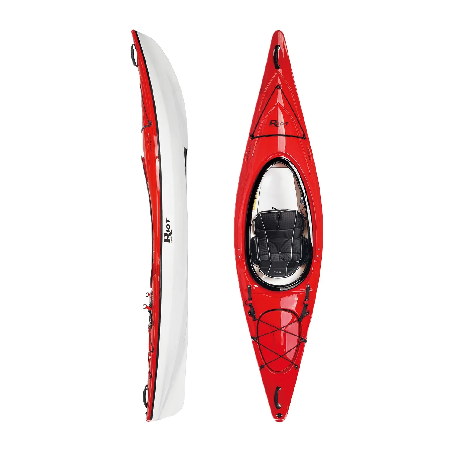 Vues de dessus et de profil de l'INTRIGY WINDOWLESS ULTRALIGHT, un kayak rouge et blanc équipé d'un siège noir, de pédales, de cordes élastiques sur les deux ponts et portant le logo « Riot » sur le flanc.