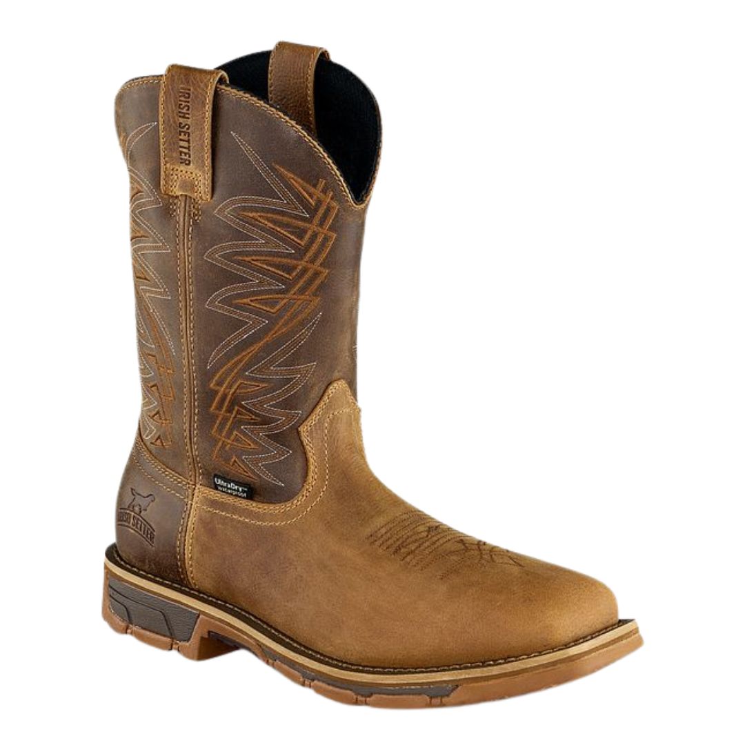 Bottes de travail de style western « Irish Setter Marshall » en cuir marron, taille 11″, avec des surpiqûres décoratives sur la tige et une semelle épaisse en caoutchouc.