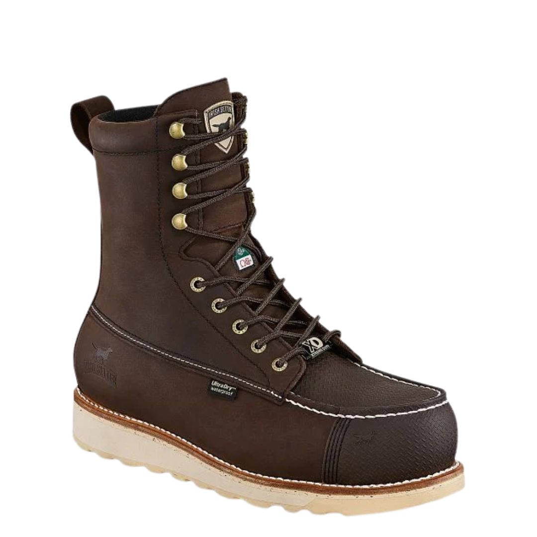 Botte de travail en cuir marron BOTTE DE TRAVAIL WATERPROOF IRISH SETTER WINGSHOOTER XD XSA 8″ CSA POUR HOMME, dotée d’un bout mocassin, d’un laçage à l’avant et d’une semelle crantée de couleur claire.