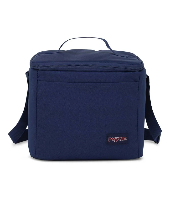 Un sac-repas rectangulaire « BOITE A LUNCH SUPER SNACK 9L » de couleur bleu marine, muni d'une poignée sur le dessus, d'une poche avant et d'une bandoulière réglable, présenté sur fond blanc.