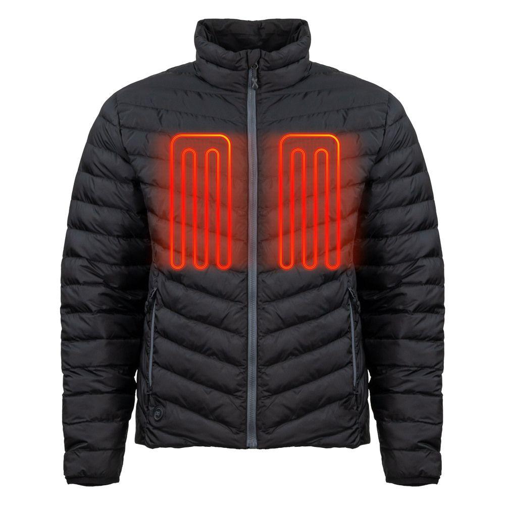 La MANTEAU CHAUFFANT FIELDSHEER MOBILE WARMING BACKCOUNTRY XTERA POUR HOMME est une veste chauffante noire avec des éléments chauffants rouges visibles sur la poitrine.