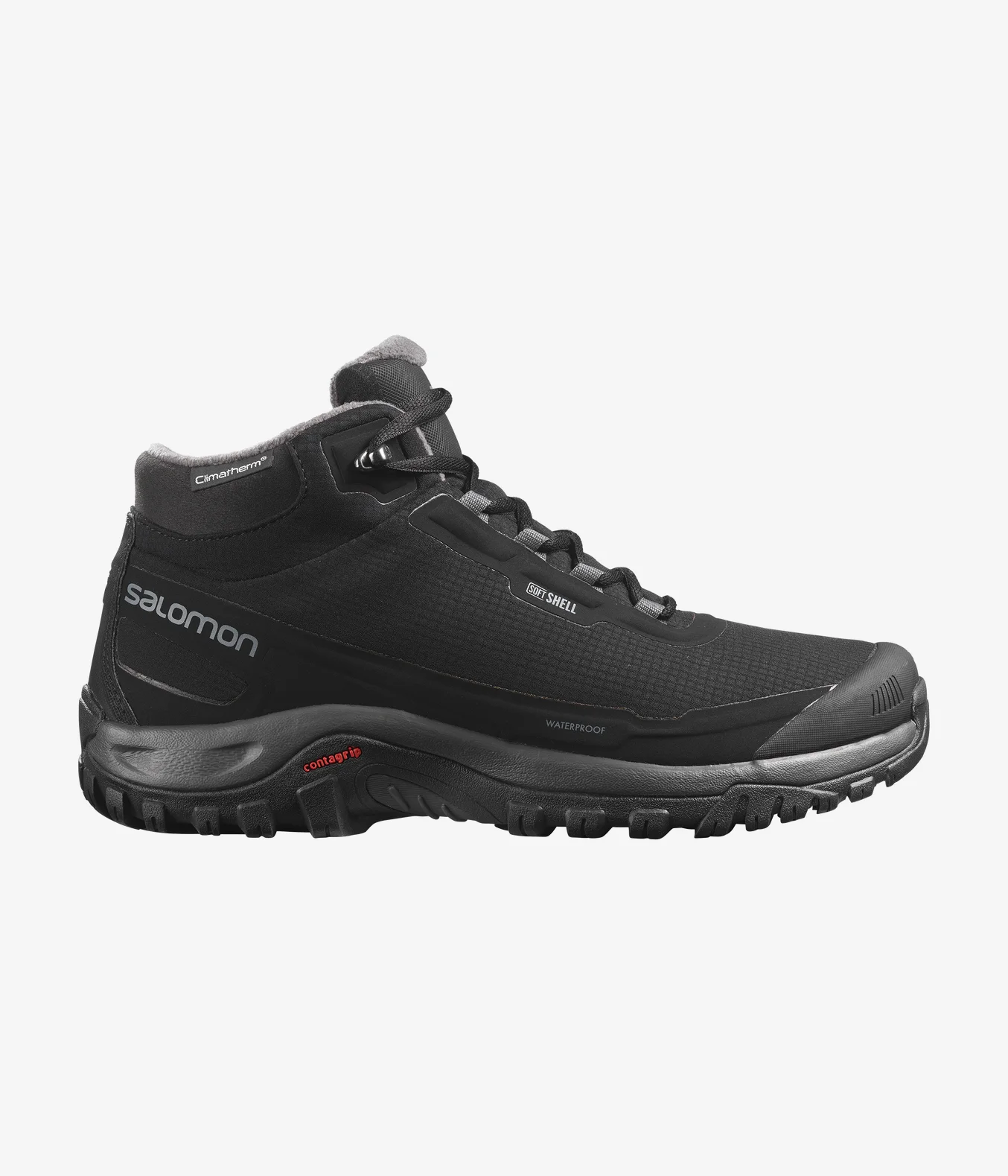 Chaussure de randonnée noire avec semelle texturée, maintien à hauteur de cheville et inscription « Salomon » sur le côté. La chaussure est dotée d'une semelle Contagrip et mentionne les technologies « WATERPROOF » et « CLIMASALOMON ».