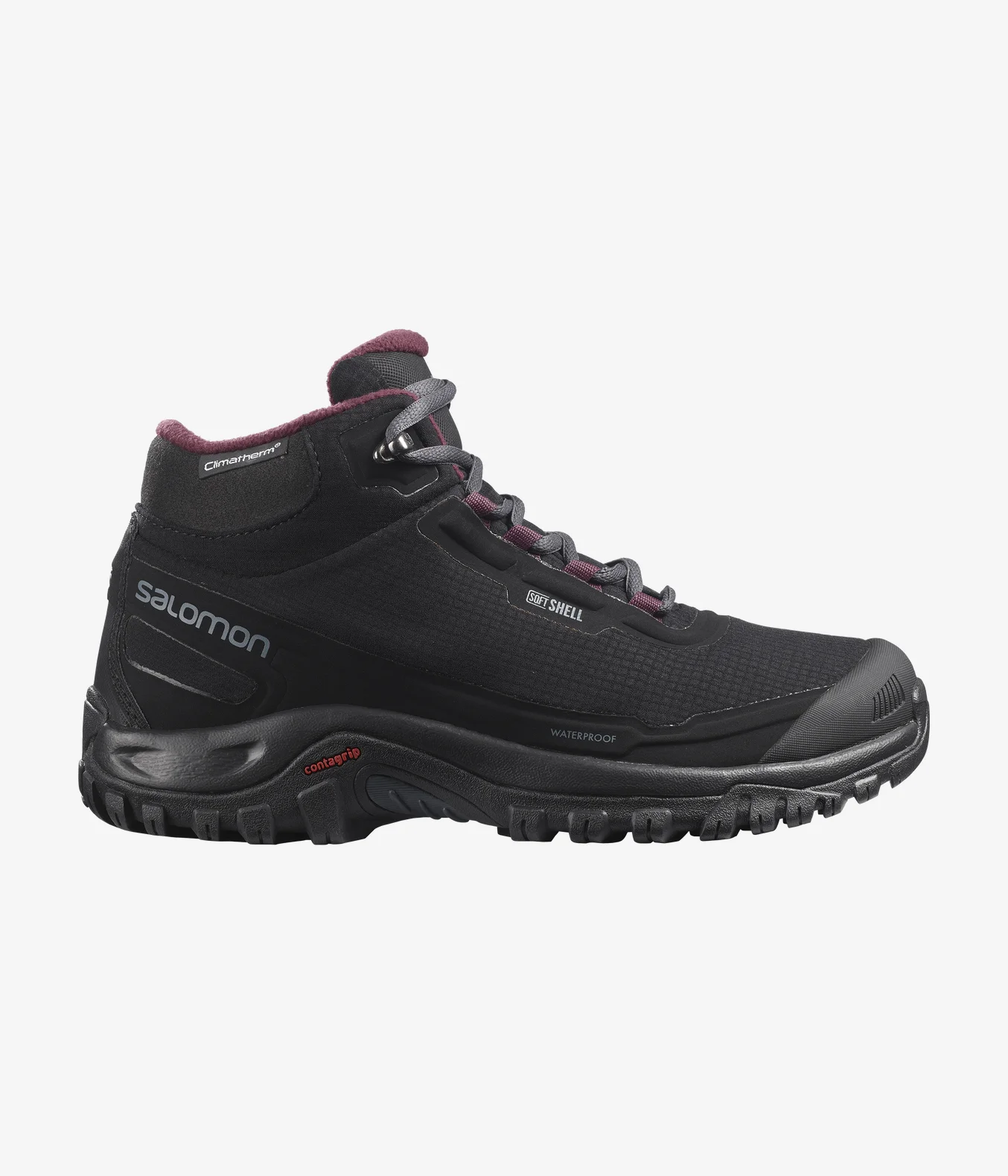 Une chaussure de randonnée mi-montante noire et rouge foncé avec une semelle robuste, conçue pour les activités de plein air. Dotée de la technologie Gore-Tex et d'une semelle Contagrip pour la traction. Le logo de la marque est visible sur le côté.