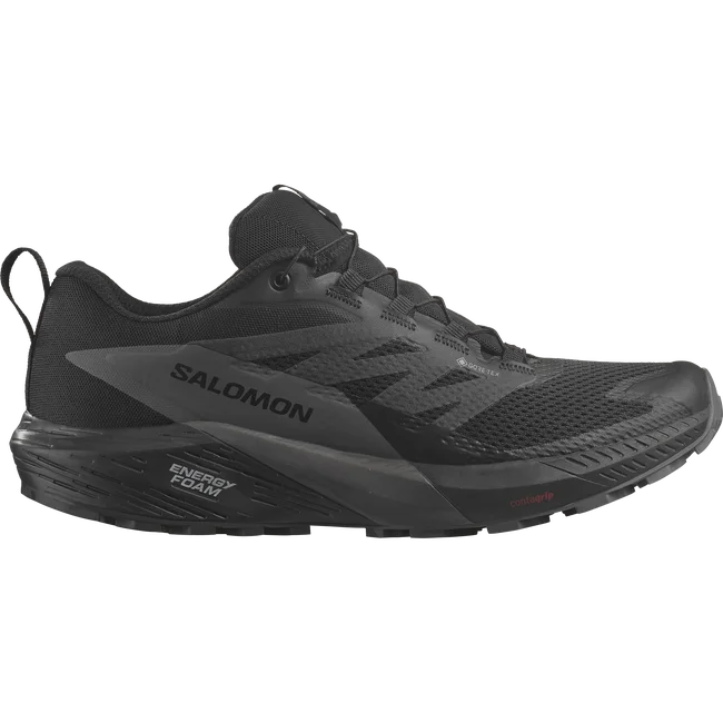 Image d'une chaussure de course Salomon noire avec le logo sur le côté. La chaussure est dotée d'une tige en mesh, d'une semelle coussinée étiquetée « Energy Foam » et d'une languette au talon. Conçue pour la performance athlétique et le confort.
