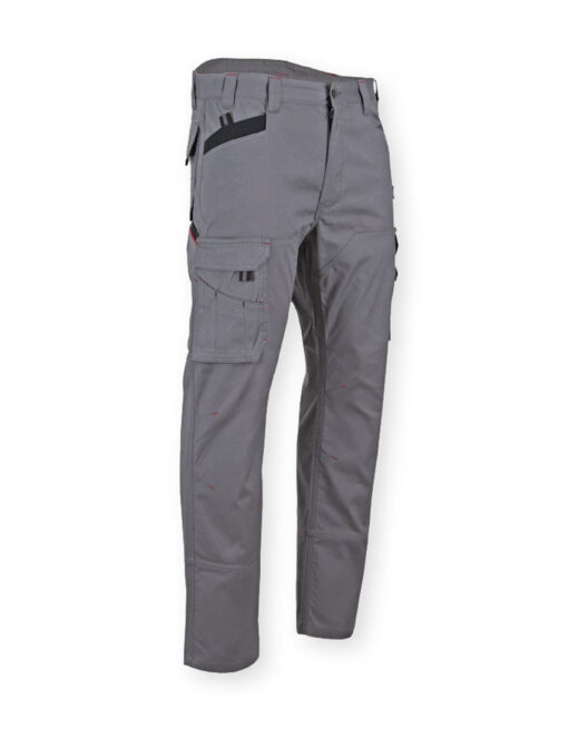 Pantalon de travail gris avec plusieurs poches, dont une grande poche cargo sur la cuisse droite et des détails noirs au-dessus de la poche avant droite, affichés sur un fond blanc.