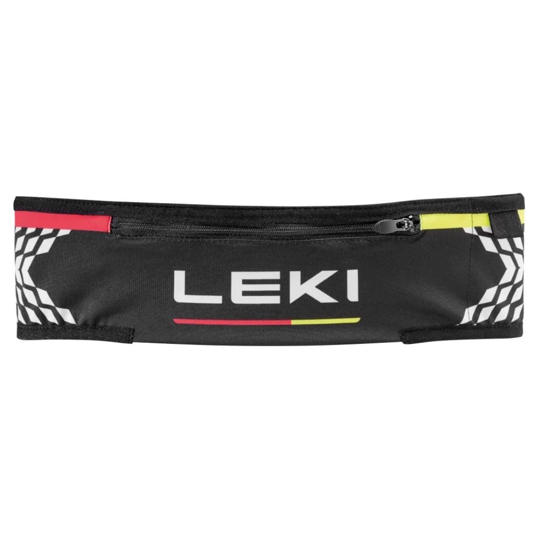Ceinture LEKI noire avec poche frontale zippée, logo blanc et motifs rouges, jaunes et blancs sur les côtés.