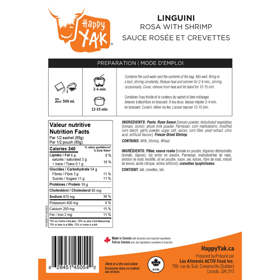 L'emballage des LINGUINI AUX CREVETTES SAUCE ROSÉE comprend les instructions de préparation, les détails nutritionnels et les ingrédients en deux langues. Il comporte un logo orange avec un yak et un code-barres en bas à gauche.