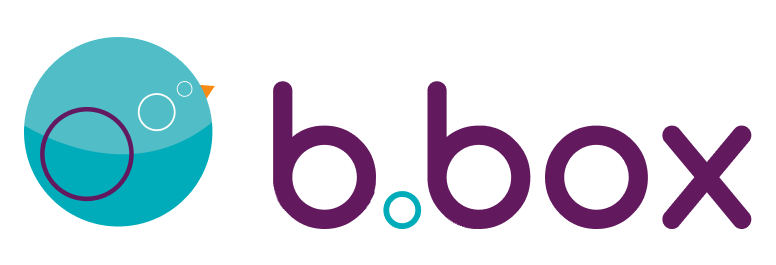 Logo pour « b.box » comportant un texte violet et un oiseau de dessin animé de couleur bleu sarcelle. Le corps de l'oiseau est représenté par un cercle, avec deux petits cercles en guise d'yeux et un bec orange, placé à gauche du texte.