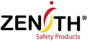 Le logo de Zenith Safety Products présente le mot « Zenith » en lettres noires et grasses ; un point rouge au-dessus du « I » et des virgules rouges et jaunes incurvées forment une silhouette stylisée. « Safety Products » est inscrit en rouge sous le logo.
