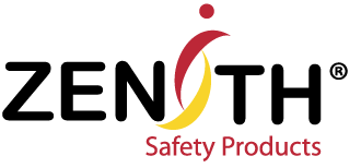 Le logo de Zenith Safety Products présente le mot « Zenith » en lettres noires et grasses ; un point rouge au-dessus du « I » et des virgules rouges et jaunes incurvées forment une silhouette stylisée. « Safety Products » est inscrit en rouge sous le logo.