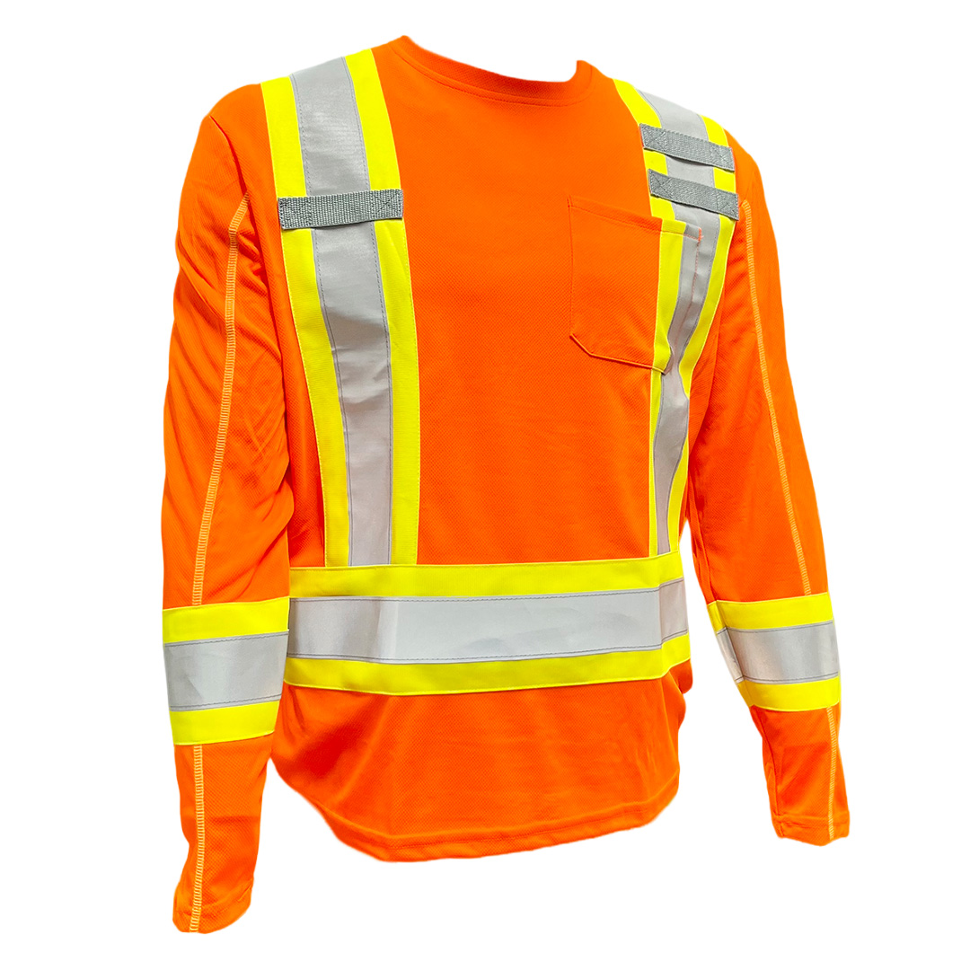 Le CHANDAIL RESPIRANT À MANCHES LONGUES HAUTE VISIBILITÉ HUGO STRONG est une chemise de sécurité orange à manches longues à haute visibilité avec des bandes réfléchissantes jaunes et argentées sur fond blanc.