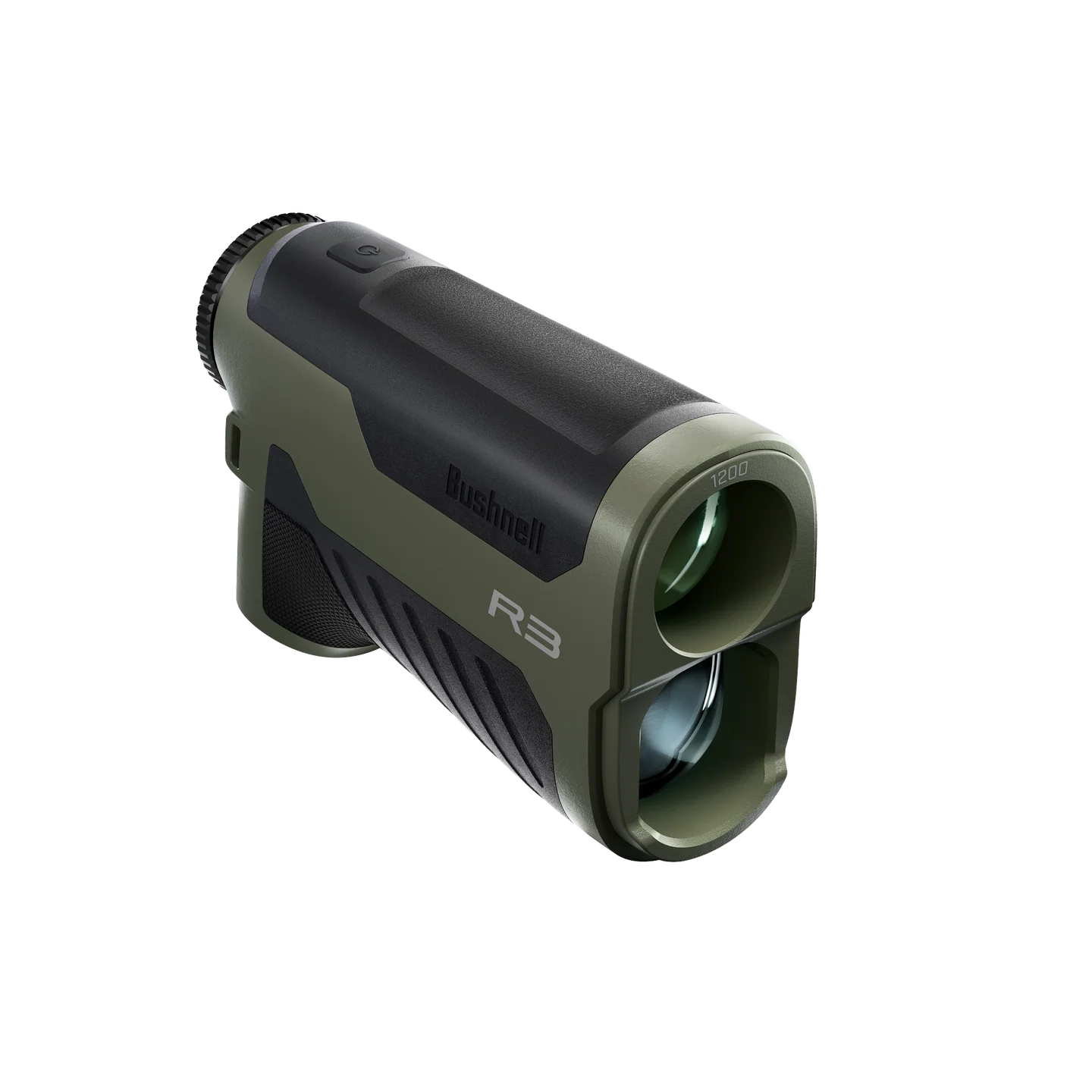 Télémètre vert et noir 6X25 R3 1200 avec deux grandes lentilles frontales et une poignée, présenté de face sur un fond blanc.