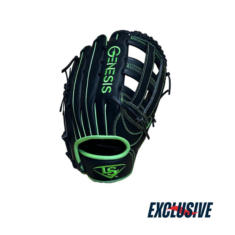 Gant de baseball GENESIS SP noir et vert fluo, avec un design ouvert et des coutures visibles, sur fond blanc, avec la mention "EXCLUSIVE" en bleu et rouge en bas à droite.