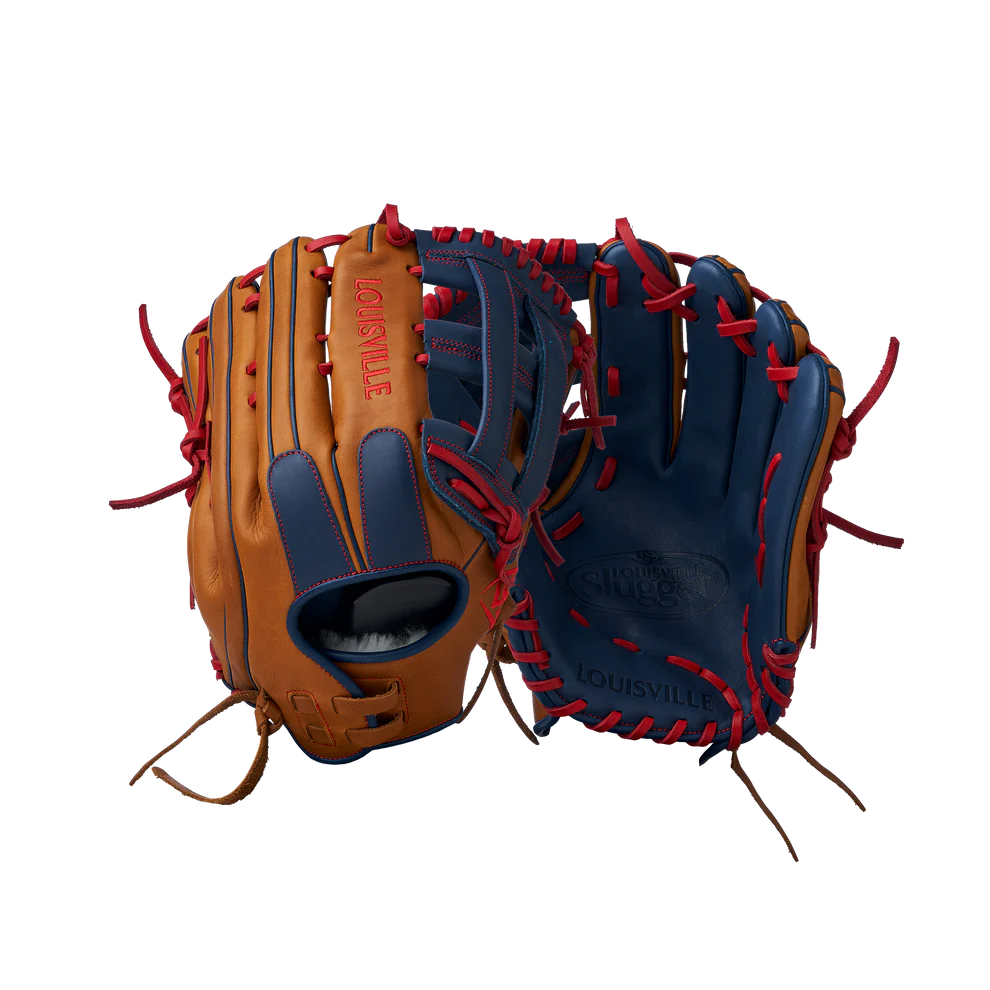 Deux gants de baseball SUPER Z SP FG sont présentés, l'un avec la paume vers le haut et l'autre avec la paume vers le bas. Les deux sont de couleur beige et bleu marine avec des lacets rouges, des logos visibles et des coutures détaillées.