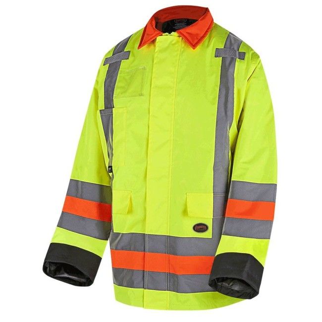 Gilet de sécurité haute visibilité jaune vif avec bandes grises réfléchissantes et touches orange, conçu pour une visibilité et une protection accrues. Manches longues et col à revers.