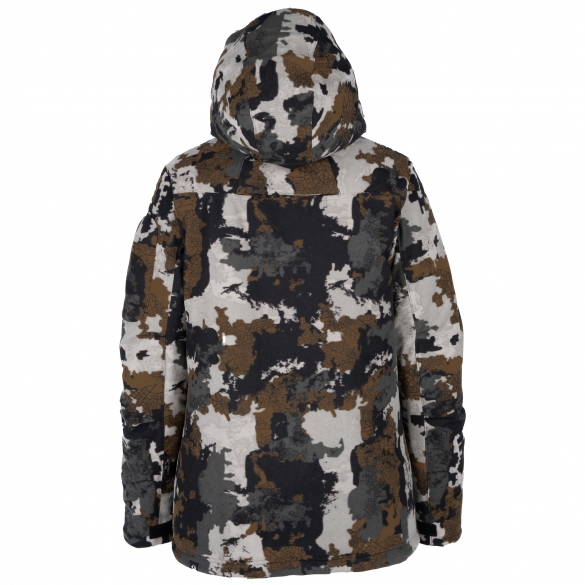 Veste à capuche avec motif camouflage dans les tons de gris, marron et noir, vue de dos. La veste a une coupe ample et un ourlet qui arrive à mi-hanche.