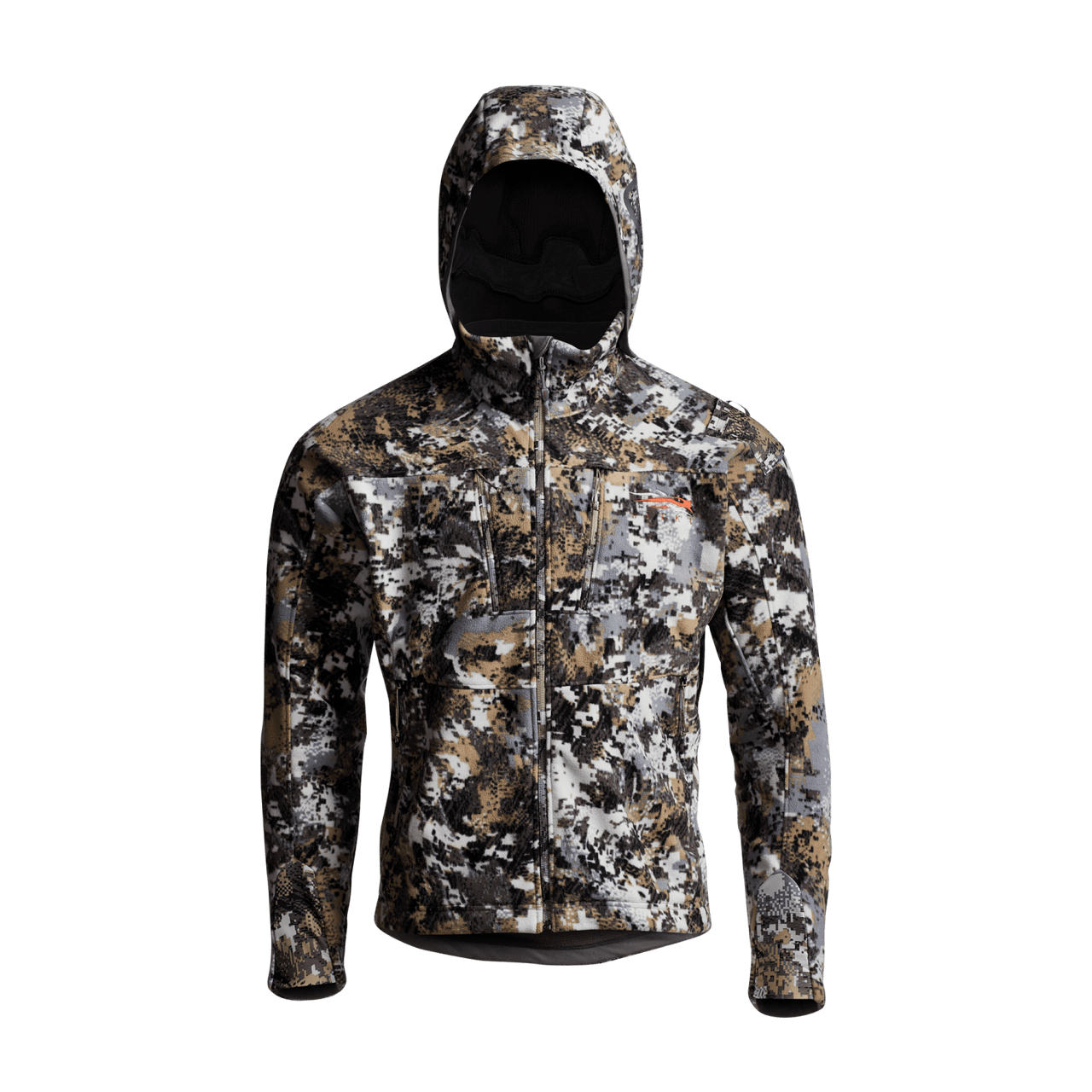 L'image montre un manteau SITKA Stratus. Le manteau Stratus est léger et respirant, conçu pour les activités par temps froid. Il arbore un motif de camouflage qui se fond dans l'environnement enneigé. Il possède également un capuchon pour garder la tête au chaud et au sec, ainsi qu'une doublure en molleton intégrée pour apporter chaleur et confort.